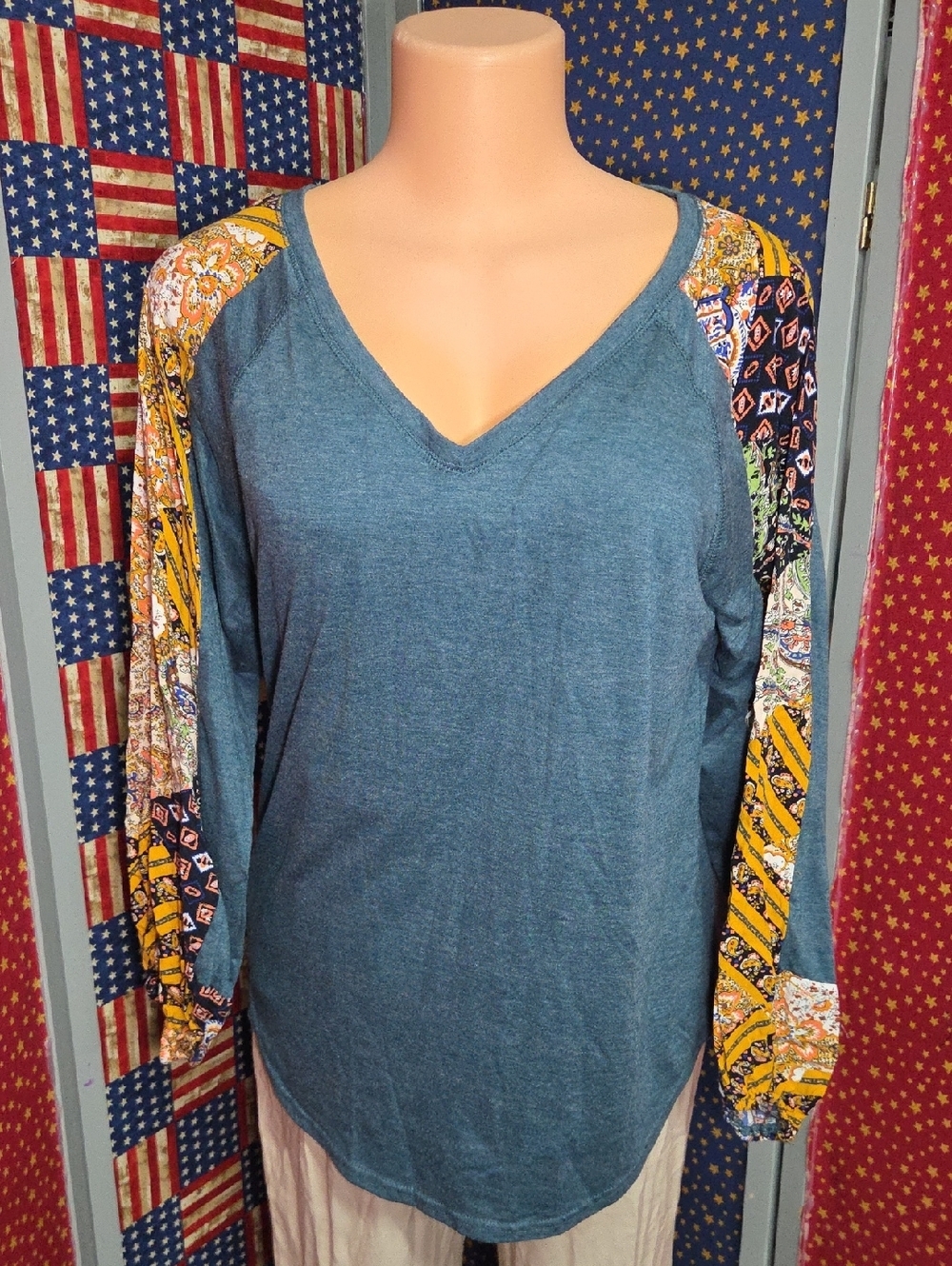 Blue V-Neck Long Sleeve Top with Patterned Raglan Sleeves
